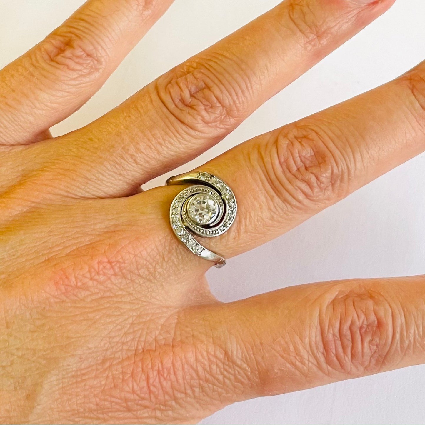 1940s 14KT White Gold Diamond Ring on finger
