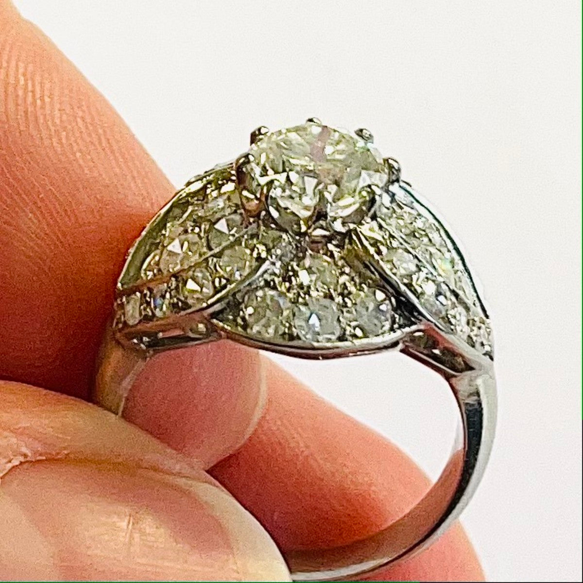 Edwardian Platinum Diamond Ring in hand