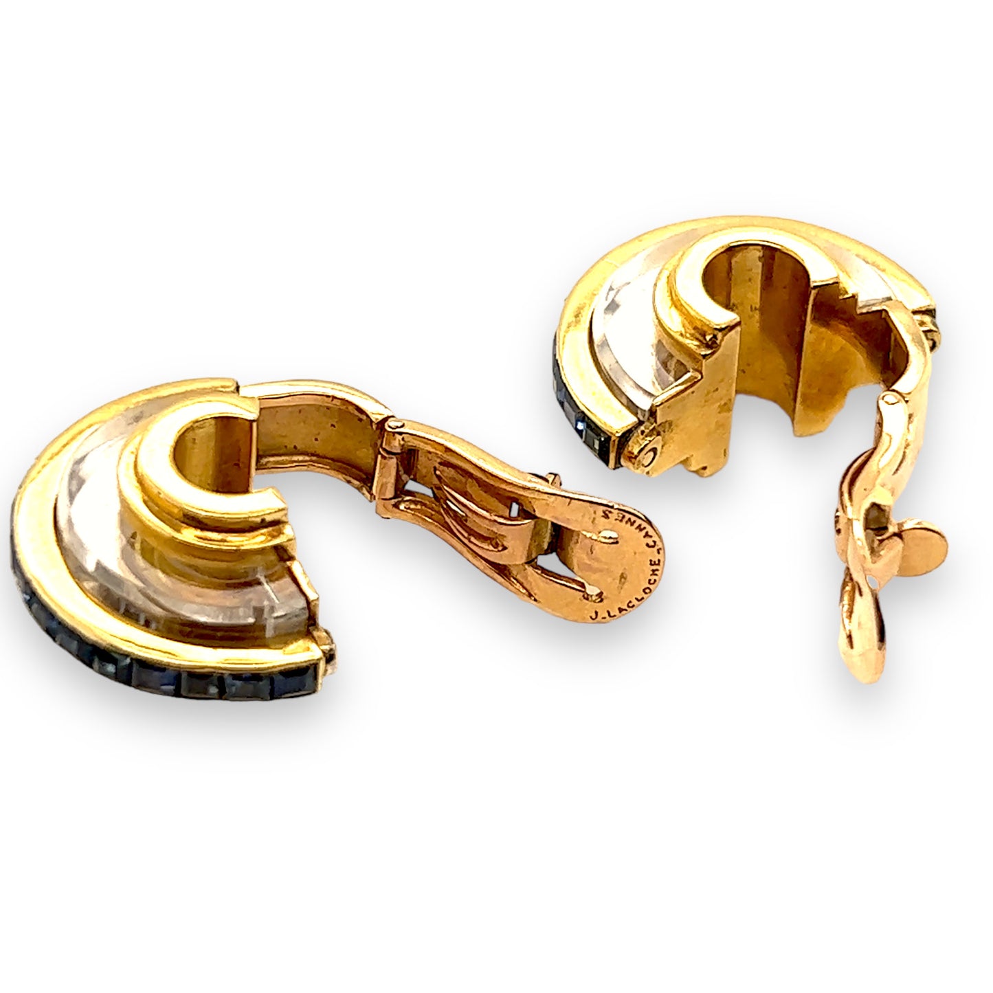 Lacloche Freres 1930s 18KT Yellow Gold Sapphire & Rock Crystal Earrings side and back