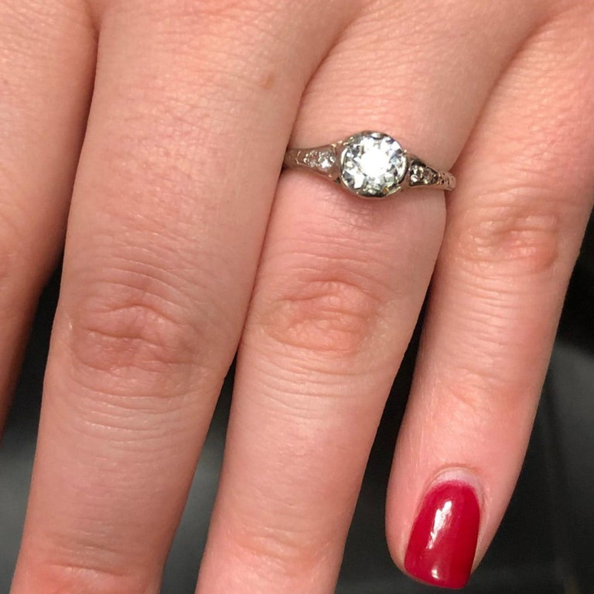 Art Deco Platinum Diamond Ring on finger
