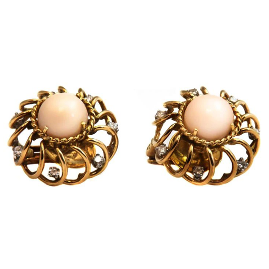 Retro 18KT Yellow Gold Coral & Diamond Earrings front