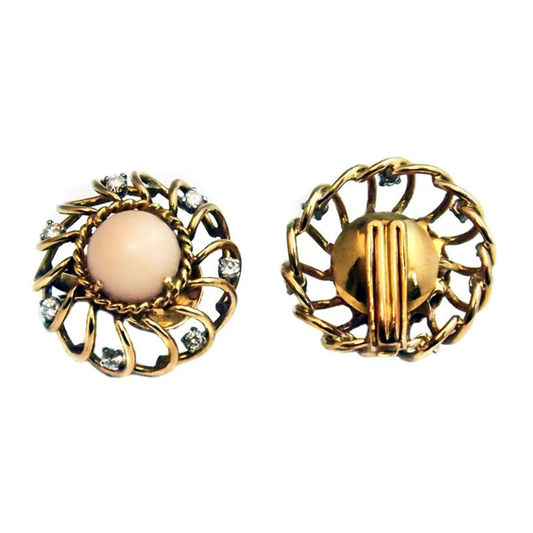 Retro 18KT Yellow Gold Coral & Diamond Earrings front and back