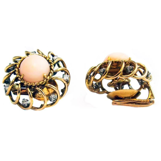 Retro 18KT Yellow Gold Coral & Diamond Earrings front and back