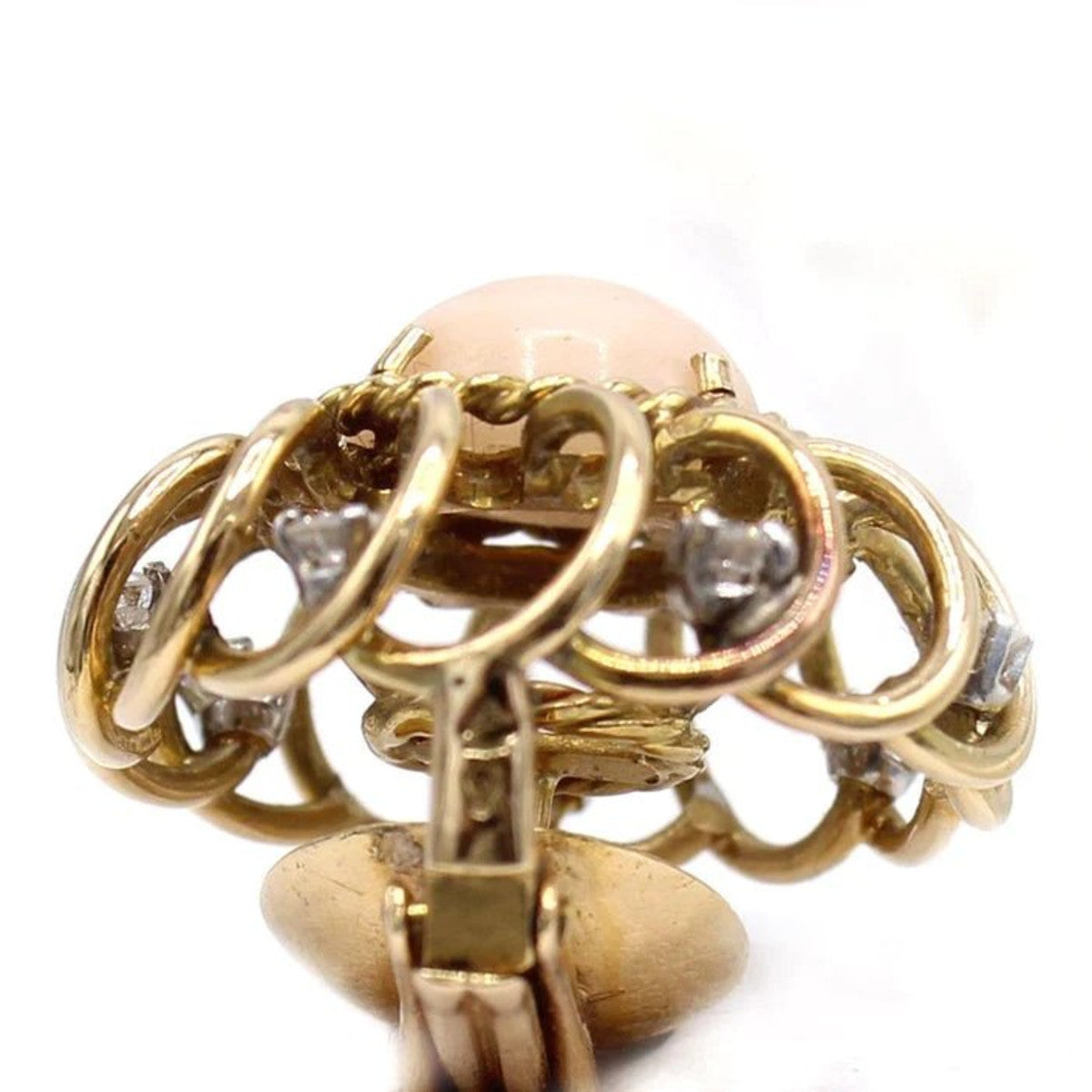 Retro 18KT Yellow Gold Coral & Diamond Earrings close-up details