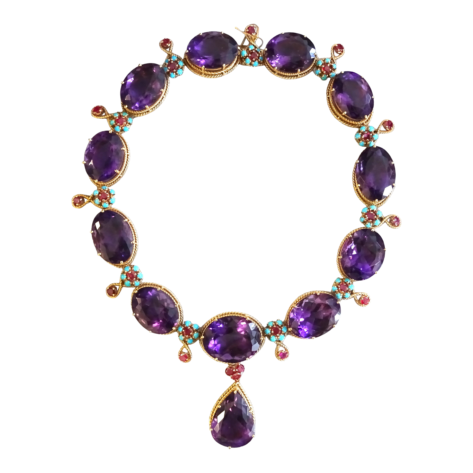 1960s 18KT Yellow Gold Amethyst, Ruby & Turquoise Necklace front