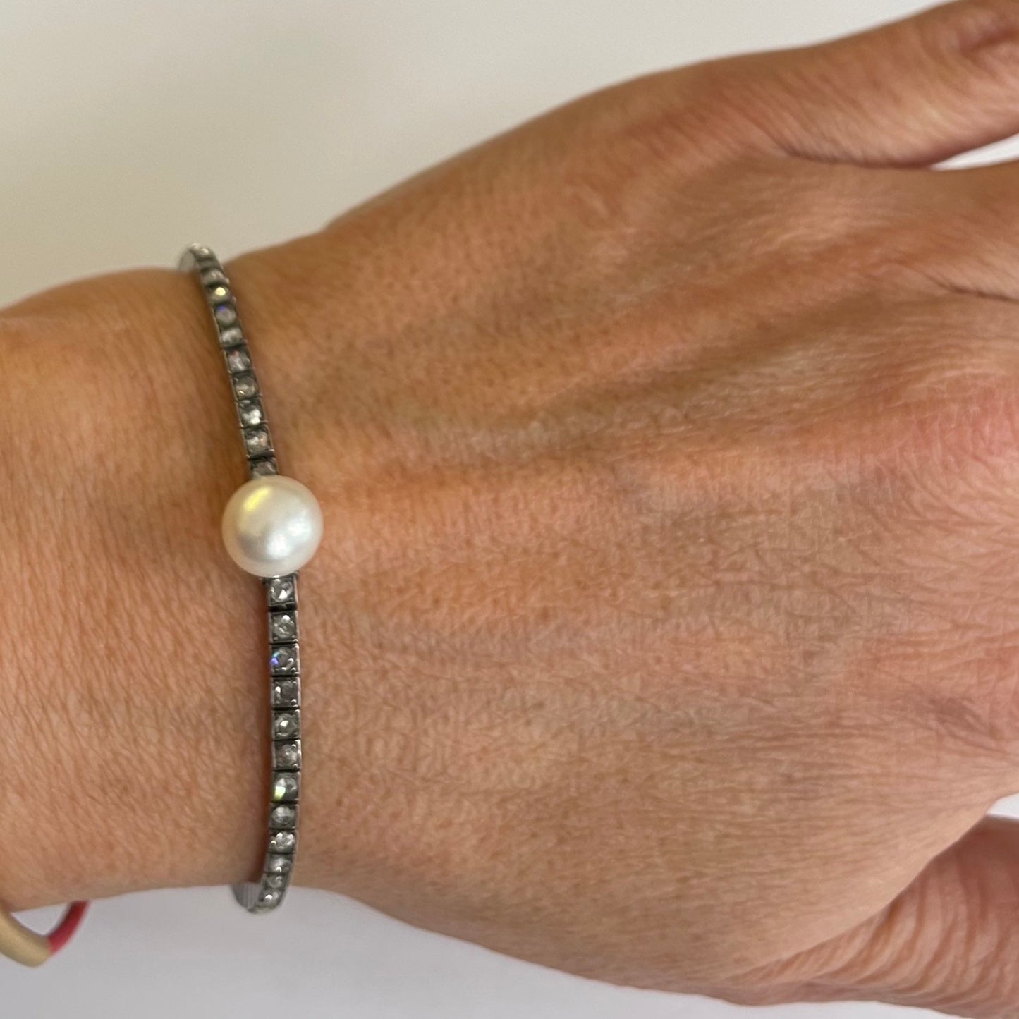 Victorian Silver Natural Pearl & Diamond Bracelet worn on wrist