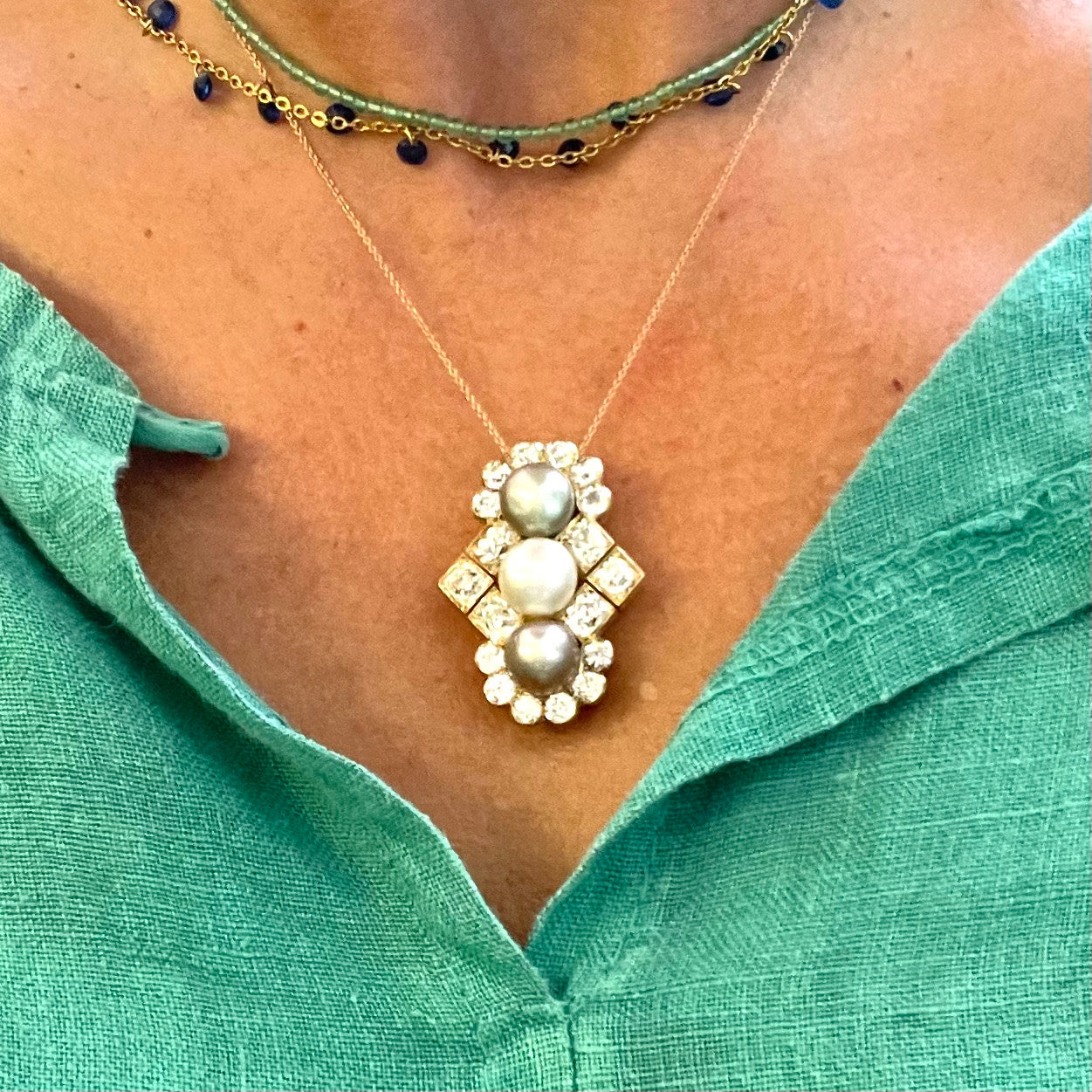 Bolin Victorian 18KT Yellow Gold Natural Pearl & Diamond Brooch/Pendant worn on neck