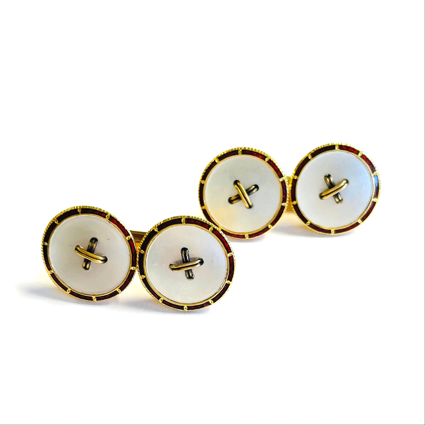 Edwardian 14KT Yellow Gold Mother of Pearl & Enamel Cufflinks front