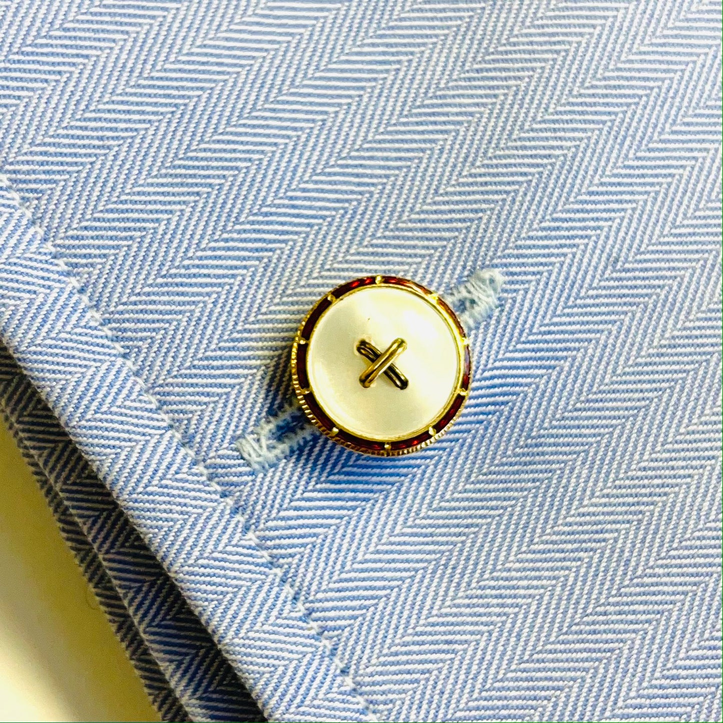 Edwardian 14KT Yellow Gold Mother of Pearl & Enamel Cufflinks worn on cuff