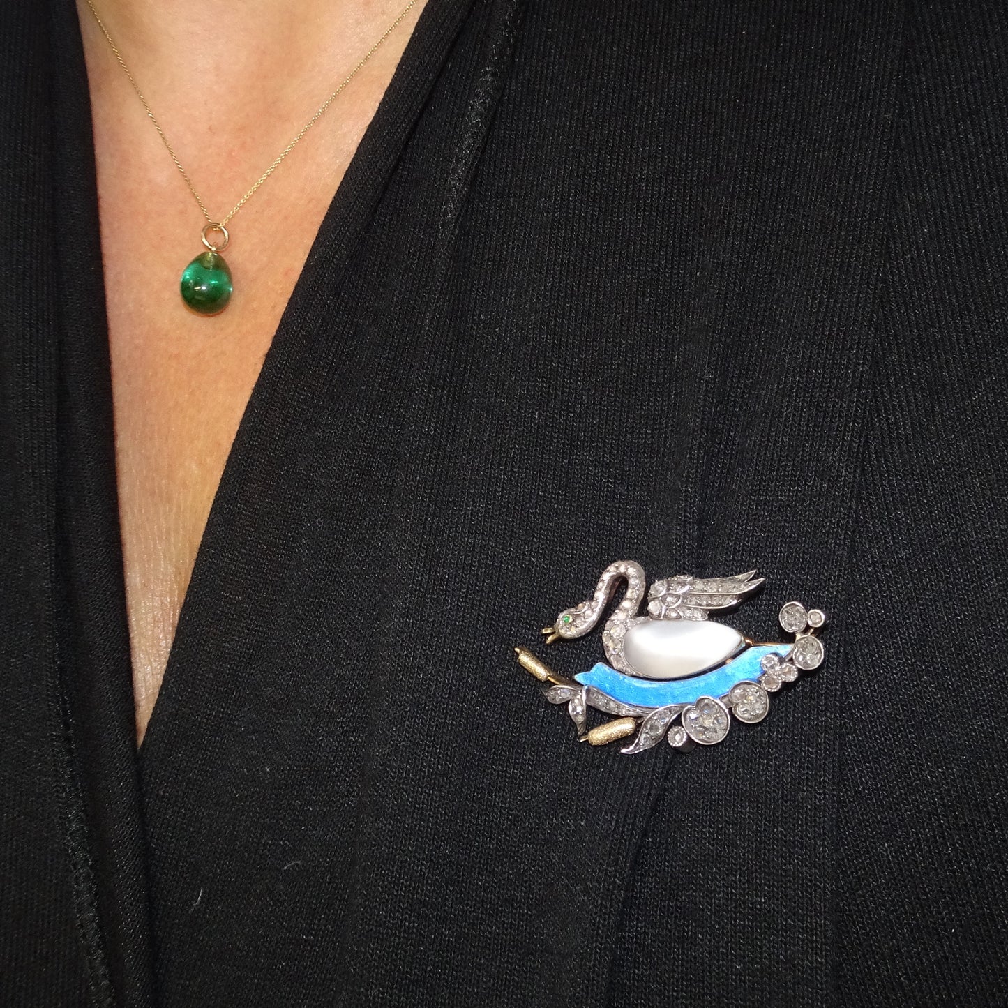 Antique Silver & 18KT Yellow Gold Diamond, Emerald, Enamel & Natural Pearl Swan Brooch worn on blouse