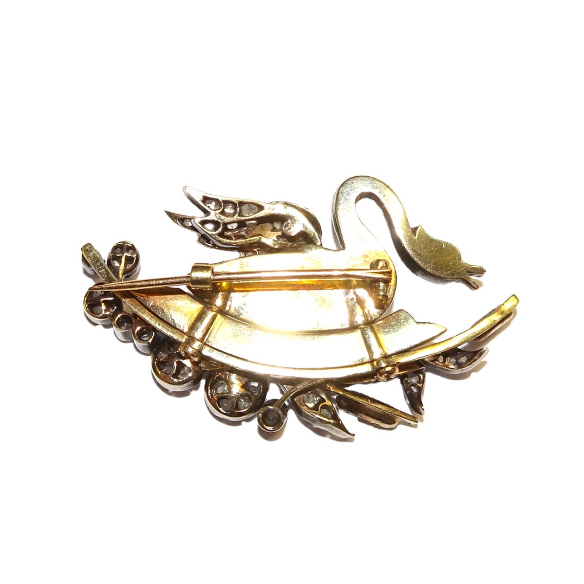 Antique Silver & 18KT Yellow Gold Diamond, Emerald, Enamel & Natural Pearl Swan Brooch back