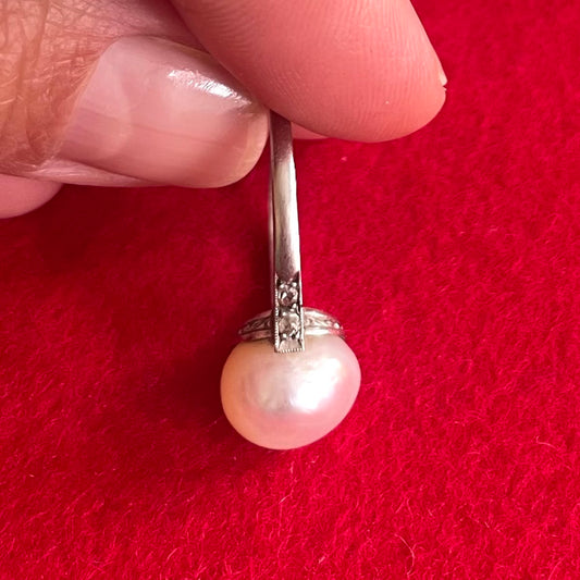 French Edwardian Platinum Natural Pearl & Diamond Ring side