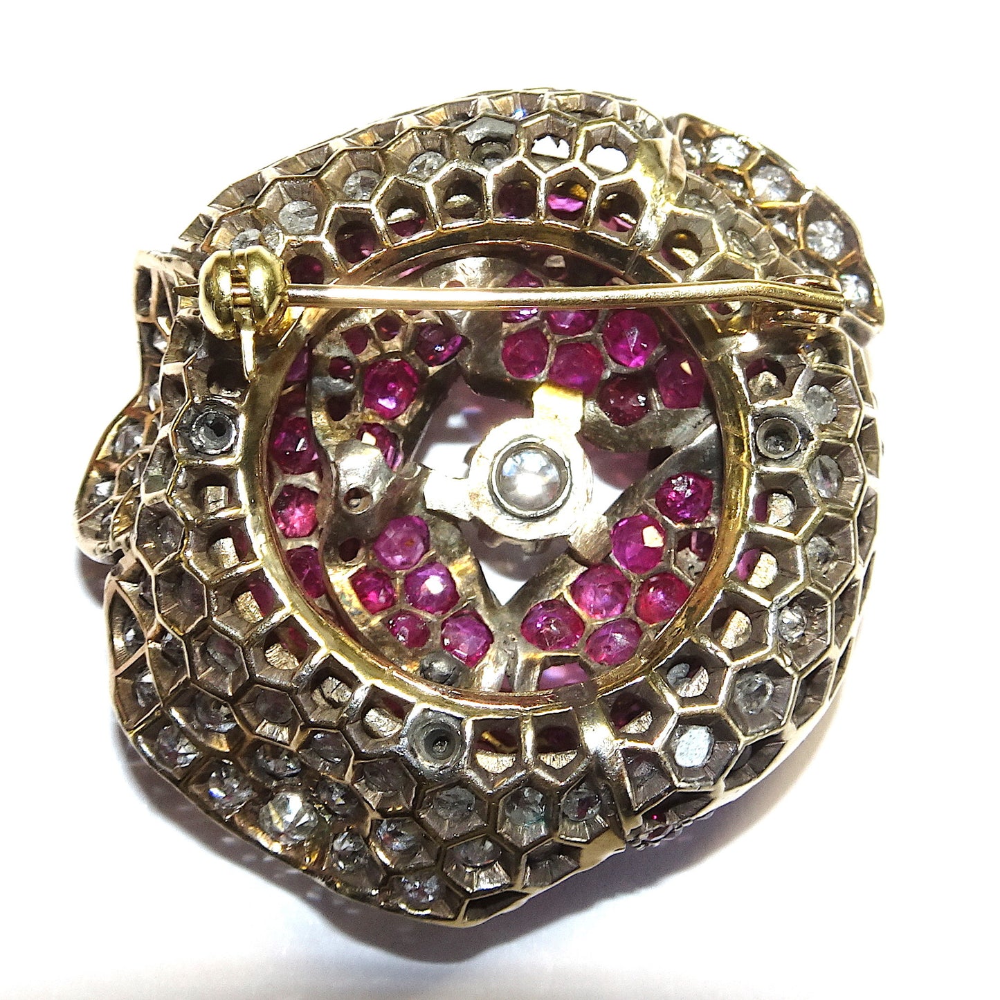 Victorian Silver & 18KT Yellow Gold Ruby & Diamond Flower Brooch back