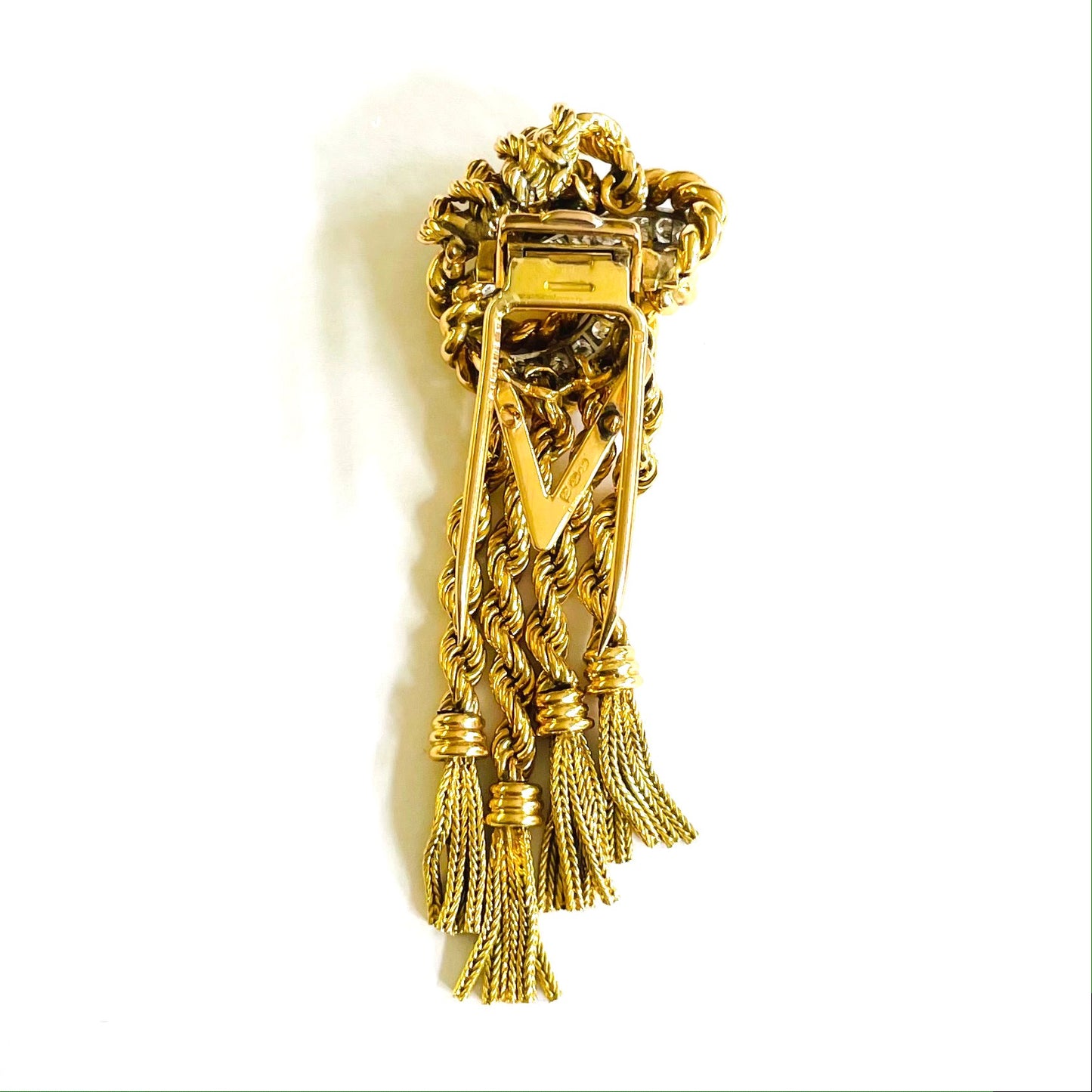French 1940s 18KT Yellow Gold Diamond Tassel Brooch back