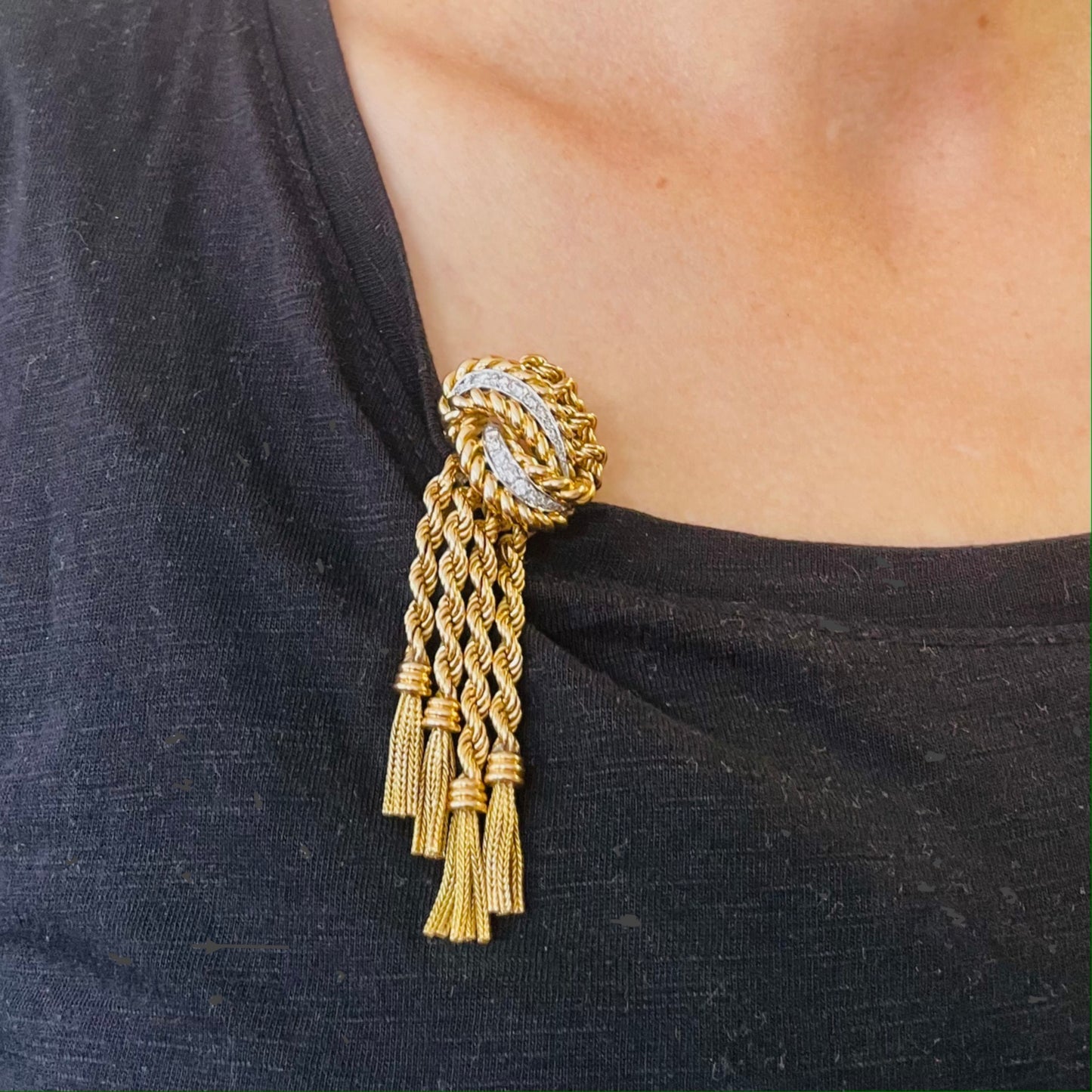 French 1940s 18KT Yellow Gold Diamond Tassel Brooch worn on blouse