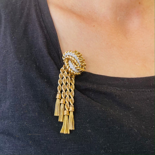 French 1940s 18KT Yellow Gold Diamond Tassel Brooch worn on blouse