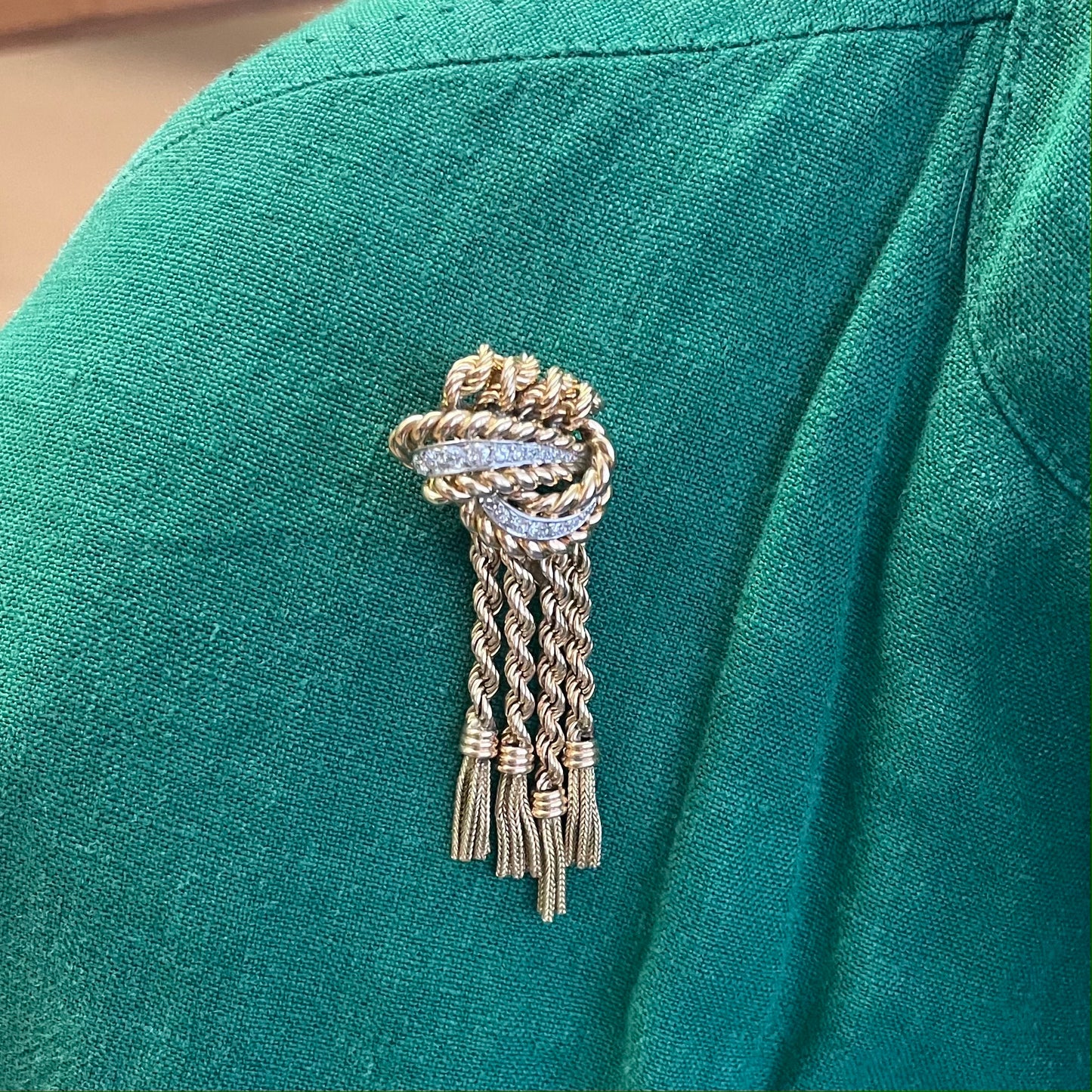 French 1940s 18KT Yellow Gold Diamond Tassel Brooch worn on blouse