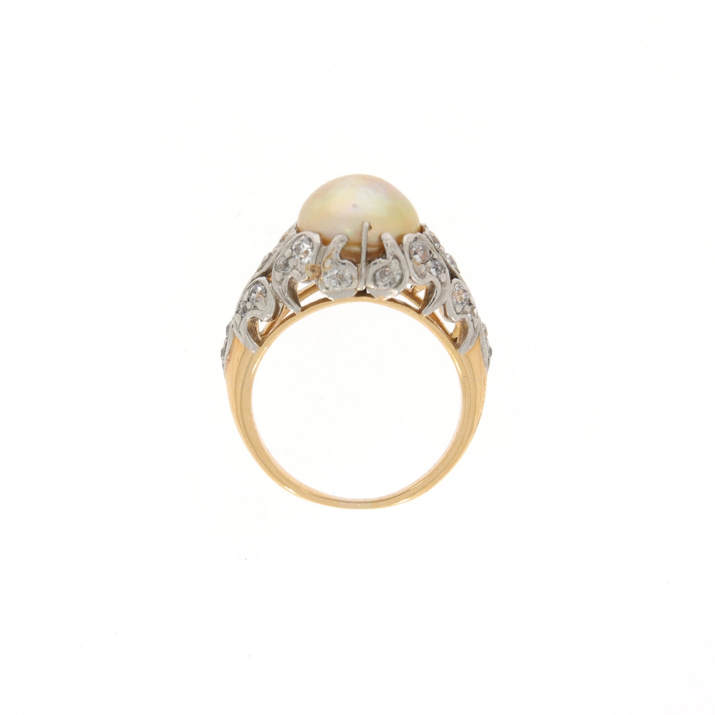 Edwardian Platinum & 18KT Yellow Gold Natural Pearl & Diamond Ring profile