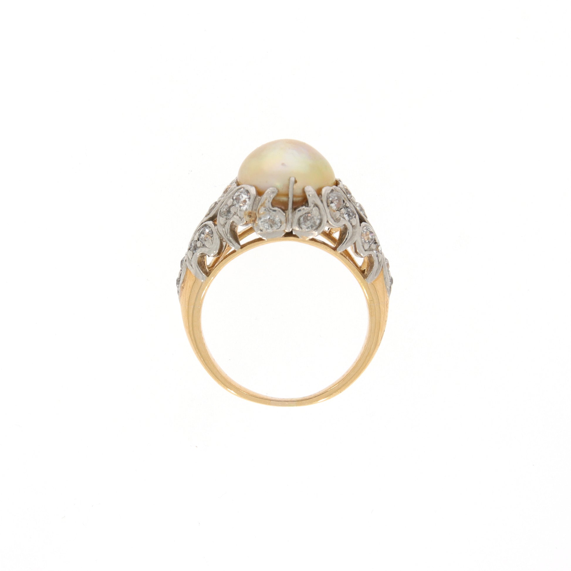 Edwardian Platinum & 18KT Yellow Gold Natural Pearl & Diamond Ring profile