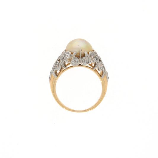 Edwardian Platinum & 18KT Yellow Gold Natural Pearl & Diamond Ring profile