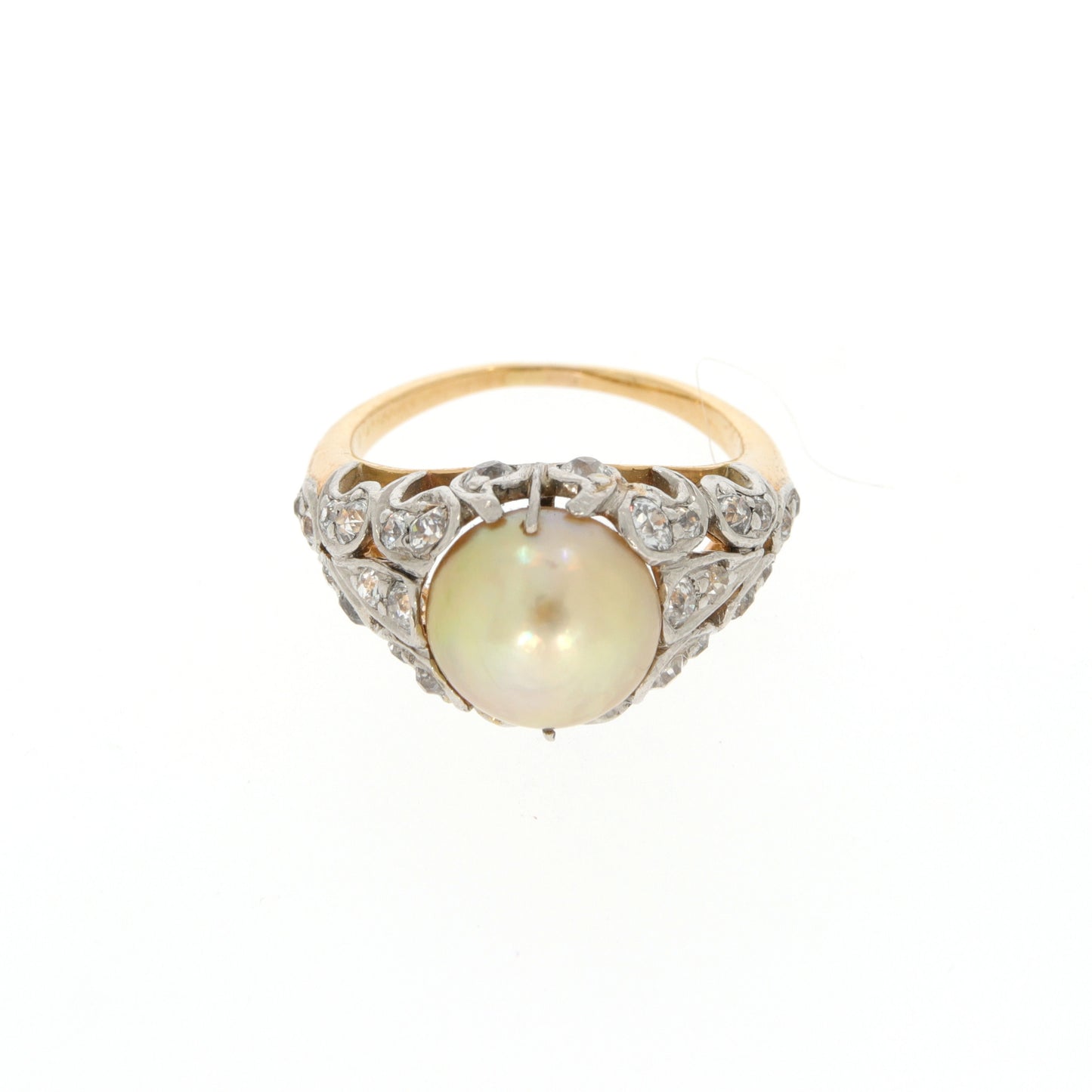 Edwardian Platinum & 18KT Yellow Gold Natural Pearl & Diamond Ring front