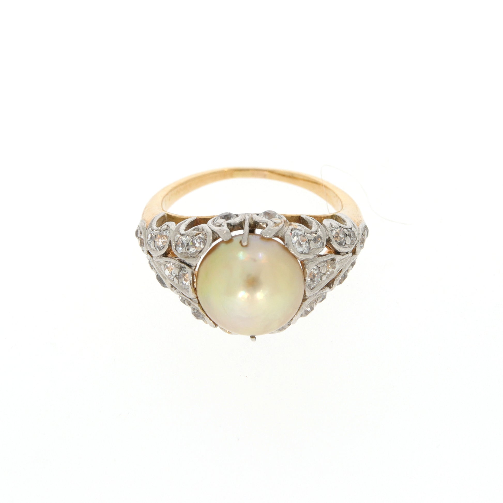 Edwardian Platinum & 18KT Yellow Gold Natural Pearl & Diamond Ring front