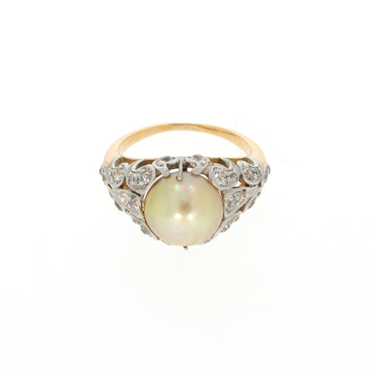 Edwardian Platinum & 18KT Yellow Gold Natural Pearl & Diamond Ring front