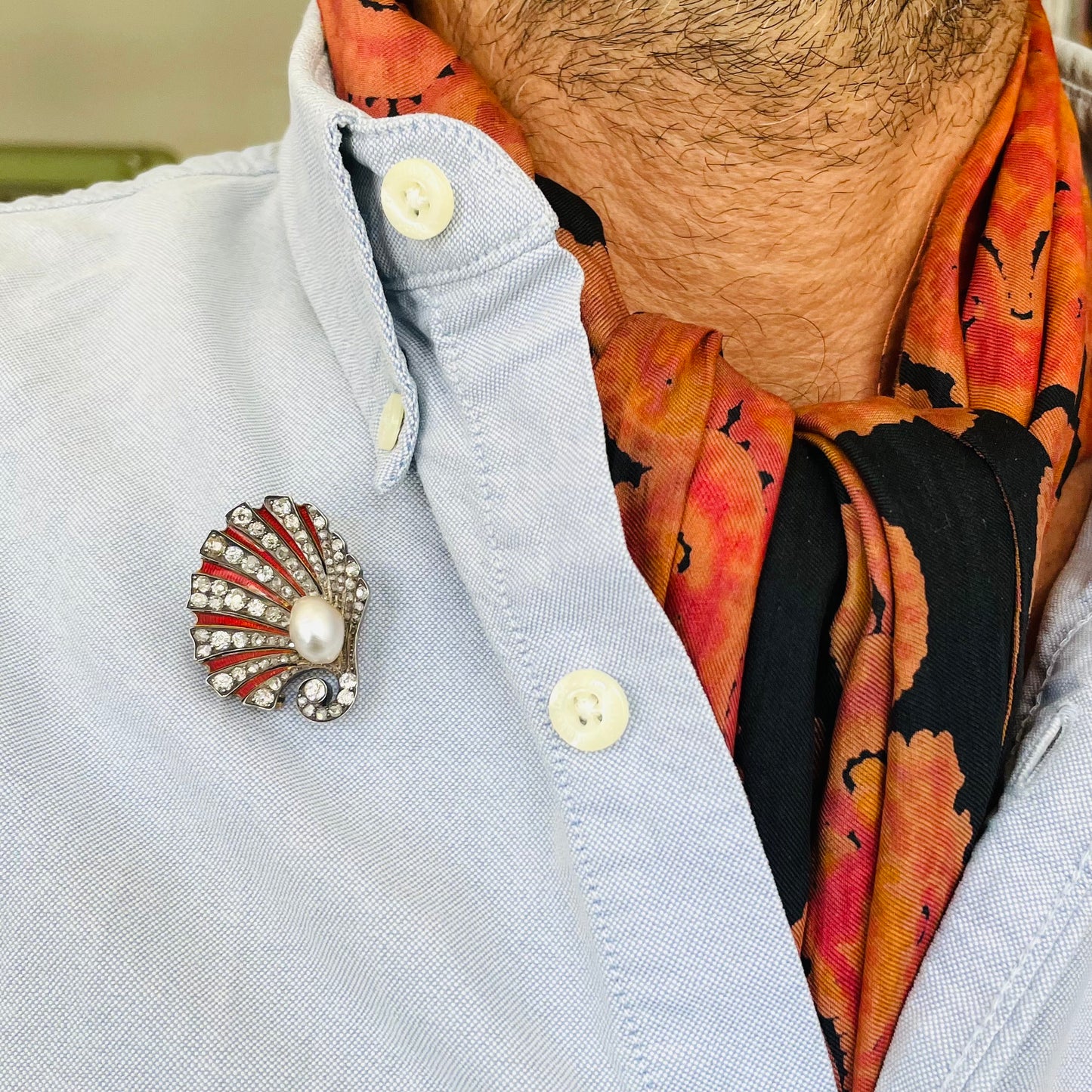 Antique Silver & 18KT Yellow Gold Natural Pearl, Diamond & Enamel Shell Brooch being worn