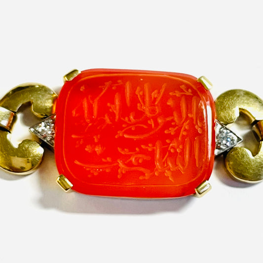 1930s 18KT White Gold Carnelian Agate & Diamond Necklace close-up