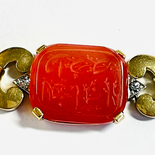 1930s 18KT White Gold Carnelian Agate & Diamond Necklace close-up