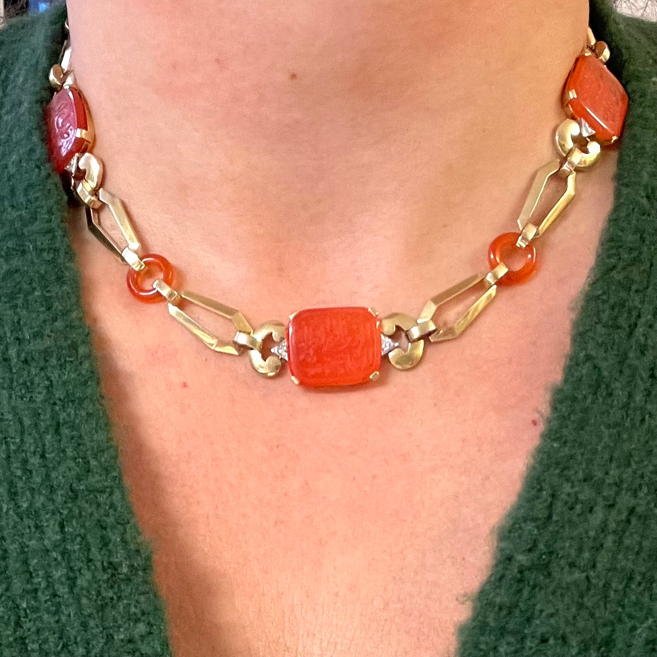 1930s 18KT White Gold Carnelian Agate & Diamond Necklace worn on neck