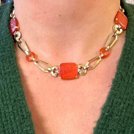 1930s 18KT White Gold Carnelian Agate & Diamond Necklace worn on neck