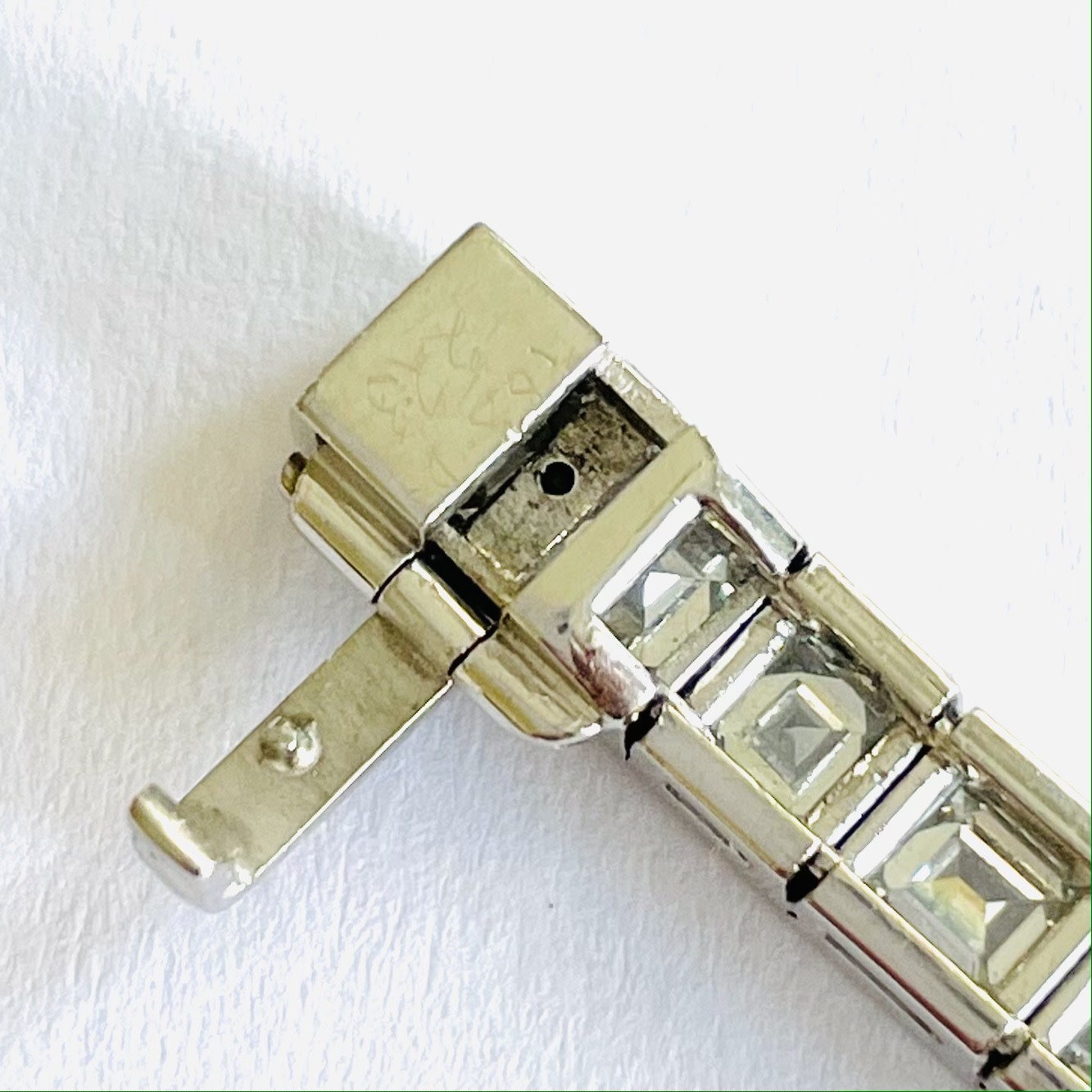 1980s Platinum Diamond Line Bracelet close-up of clasp