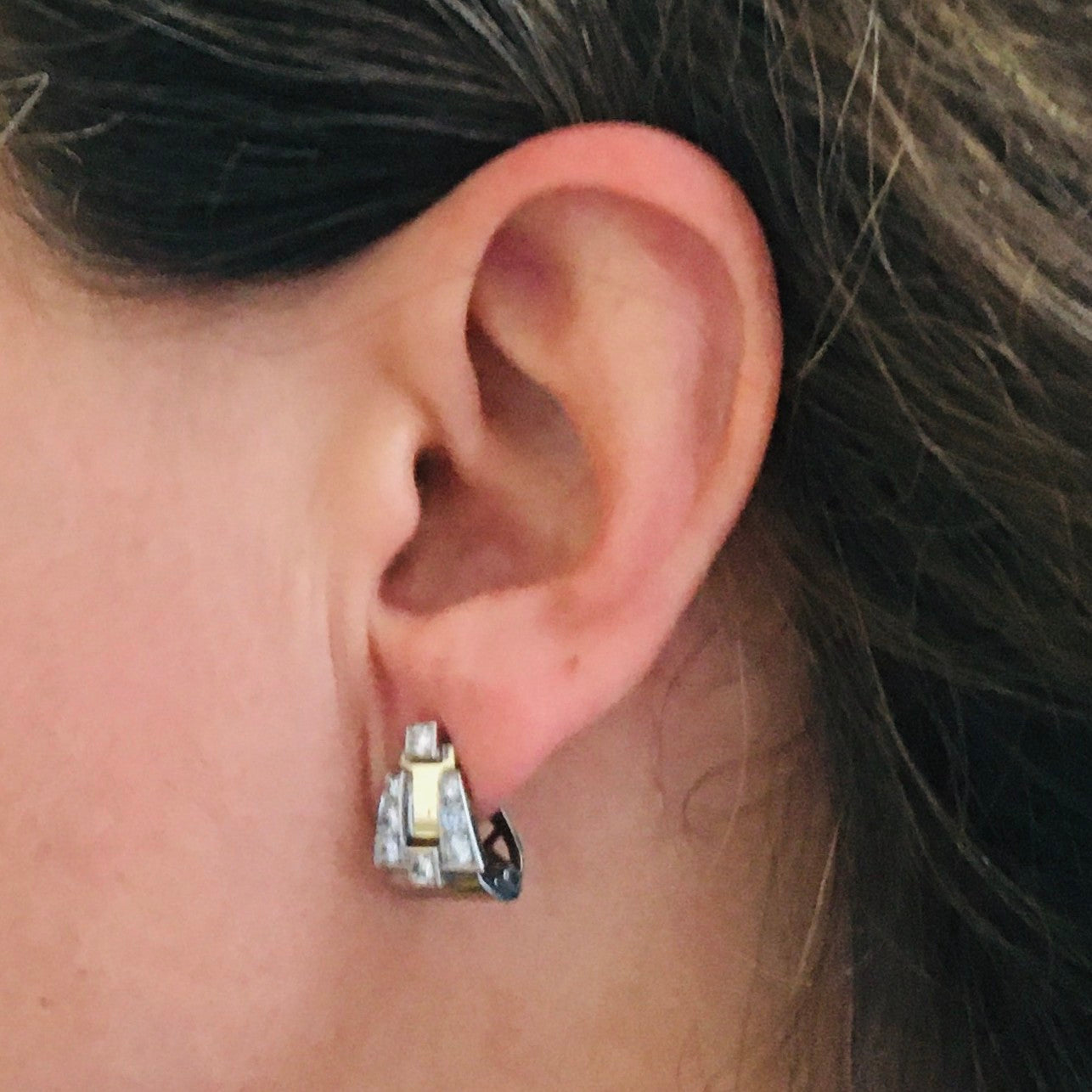 French 1930s Platinum & 18KT Yellow Gold Diamond Earrings worn on ear