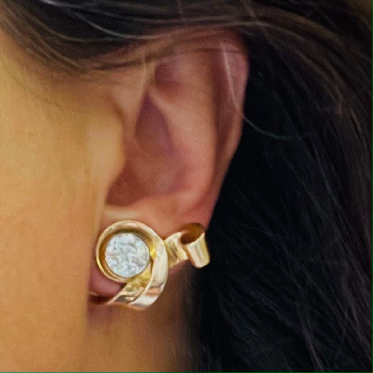 French 1950s Platinum & 18KT Yellow Gold Diamond Earrings worn on ear