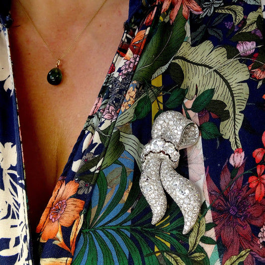 1940s Platinum Diamond Ribbon Brooch worn on blouse