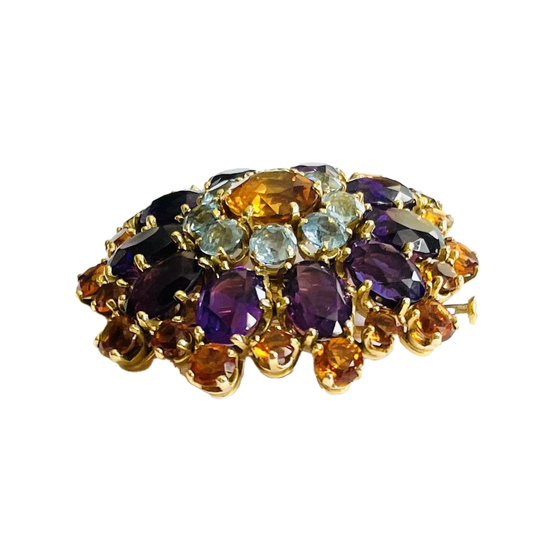 Mellerio French 1960s 18KT Yellow Gold Amethyst, Aquamarine & Citrine Brooch profile