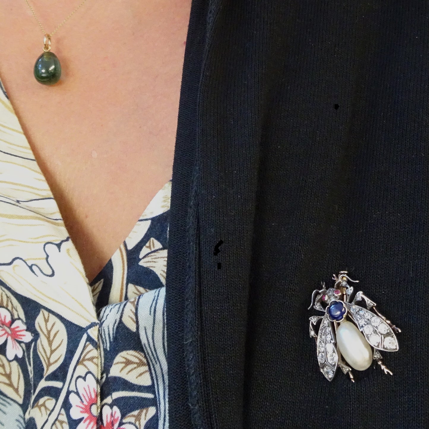 Victorian Silver & 18KT Yellow Gold Natural Pearl, Diamond, Ruby & Sapphire Fly Brooch worn on blouse