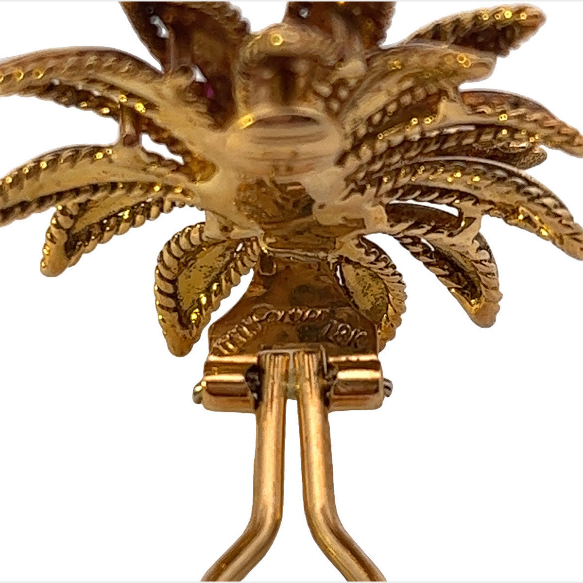 Cartier 1980s 18KT Yellow Gold Ruby Earrings close-up of signature