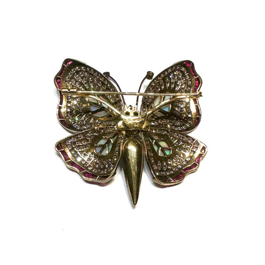 Contemporary Silver & 18KT Yellow Gold Diamond, Opal & Ruby Butterfly Brooch back