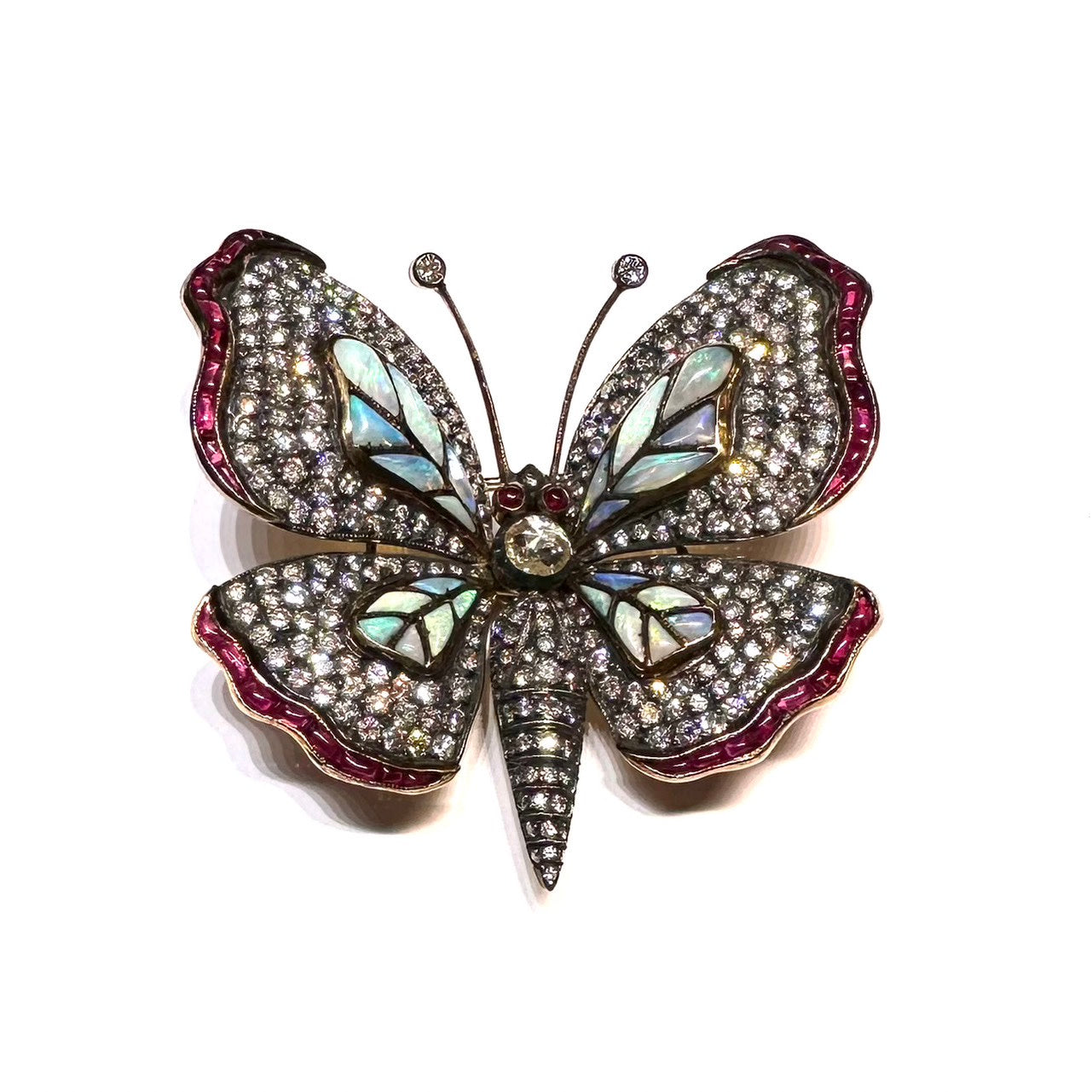 Contemporary Silver & 18KT Yellow Gold Diamond, Opal & Ruby Butterfly Brooch front