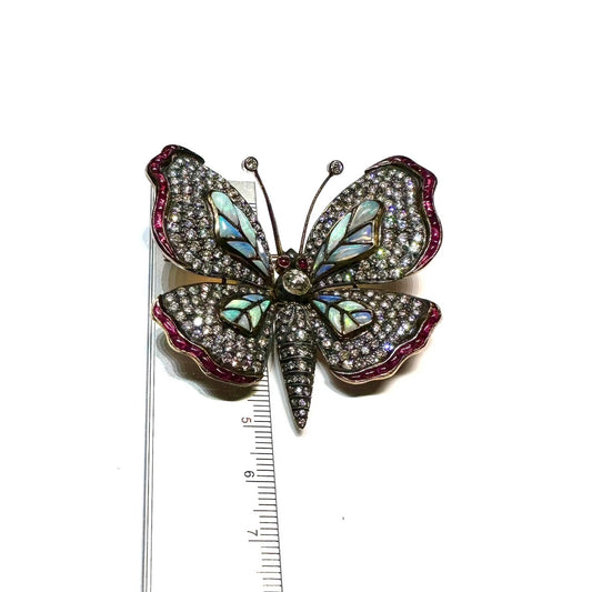 Contemporary Silver & 18KT Yellow Gold Diamond, Opal & Ruby Butterfly Brooch with ruler for scale