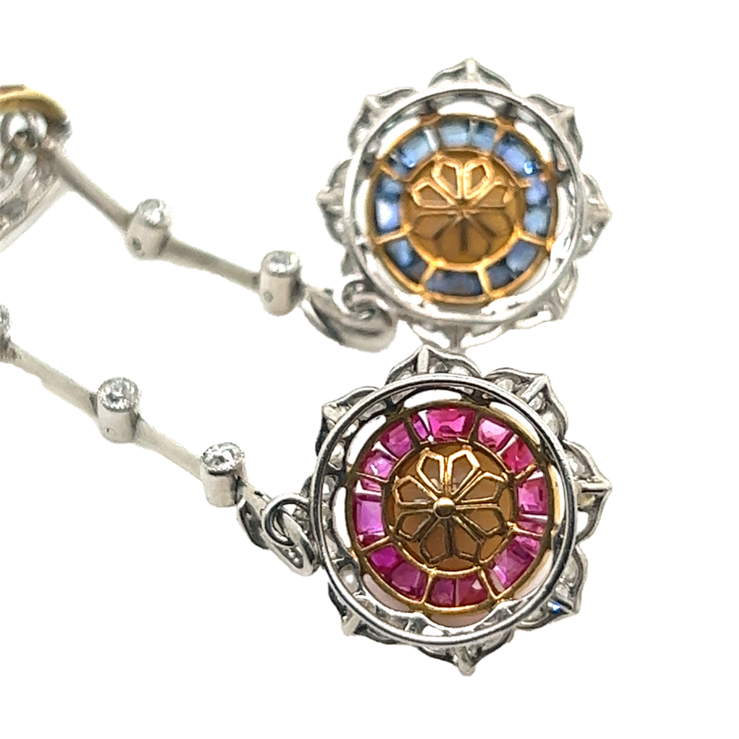 Edwardian Platinum & 18KT Yellow Gold Natural Pearl, Diamond, Ruby & Sapphire Necklace back of pendant