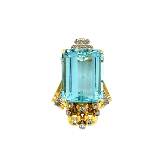 Retro 18KT Yellow Gold Aquamarine & Diamond Brooch front