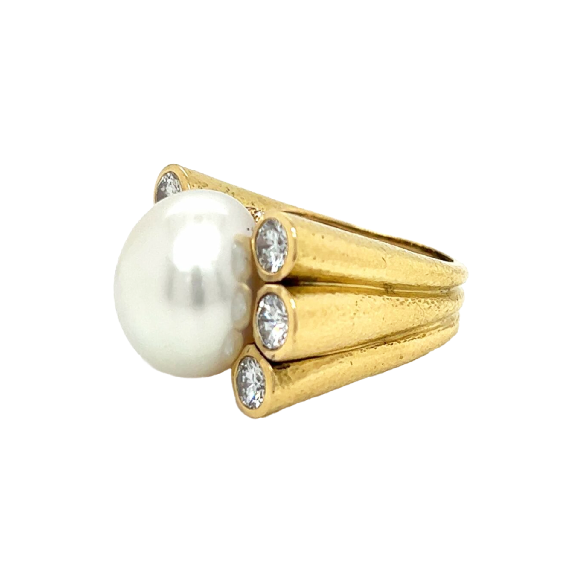 David Webb Post-1980s Platinum & 18KT Yellow Gold Cultured Pearl & Diamond Ring side view