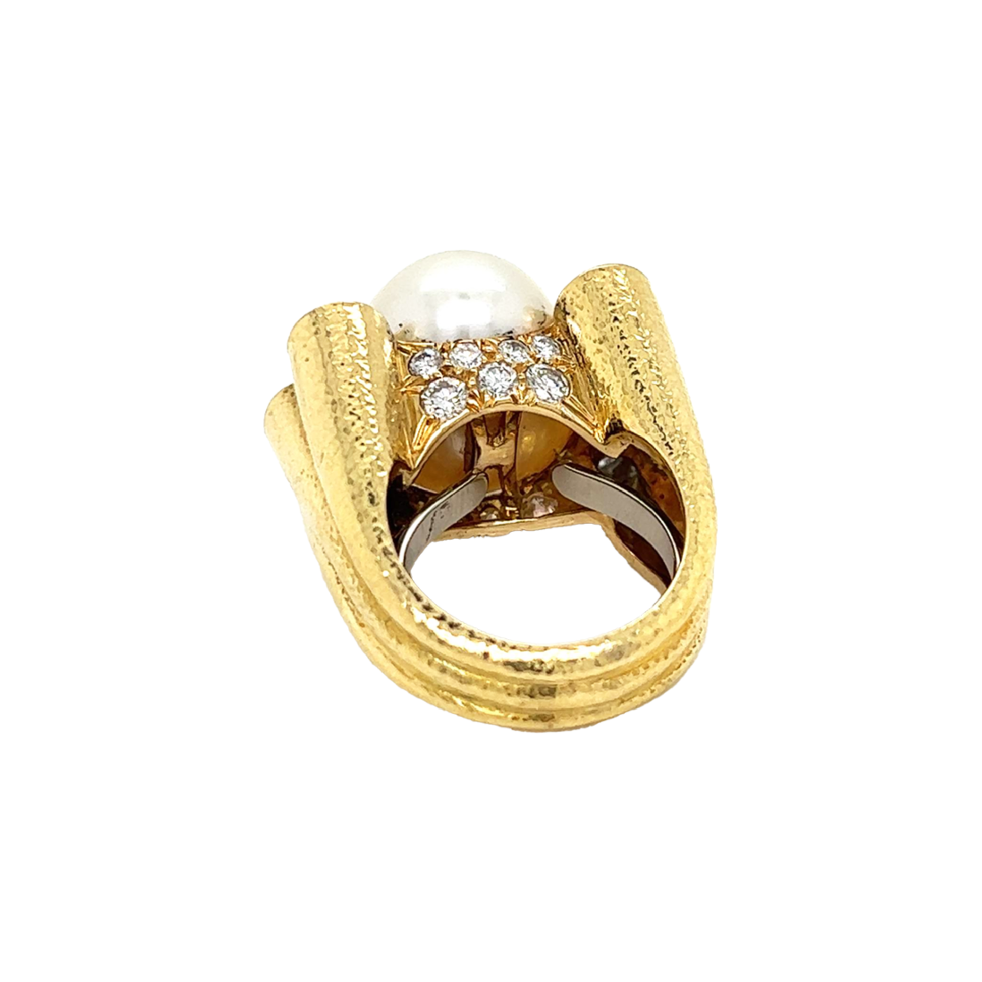 David Webb Post-1980s Platinum & 18KT Yellow Gold Cultured Pearl & Diamond Ring back view