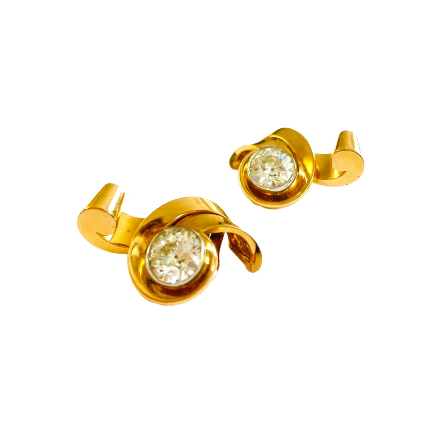 French 1950s Platinum & 18KT Yellow Gold Diamond Earrings front