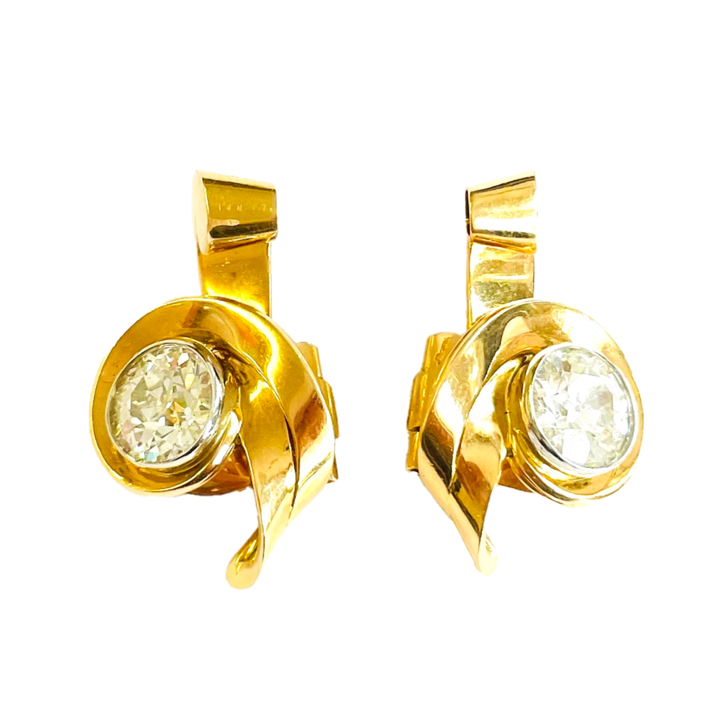 French 1950s Platinum & 18KT Yellow Gold Diamond Earrings front