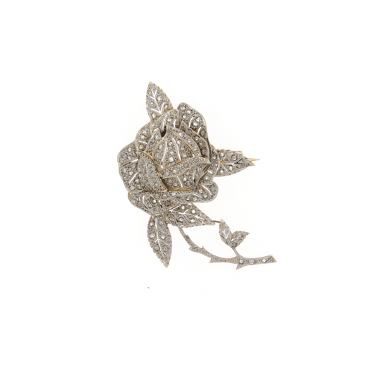 French Edwardian Platinum & 18KT Yellow Gold Diamond Rose Brooch front