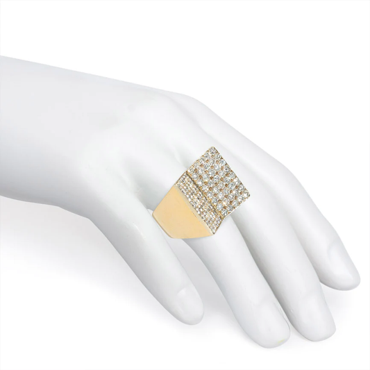 French Retro 18KT Yellow Gold Diamond Double Plaque Ring worn on finger